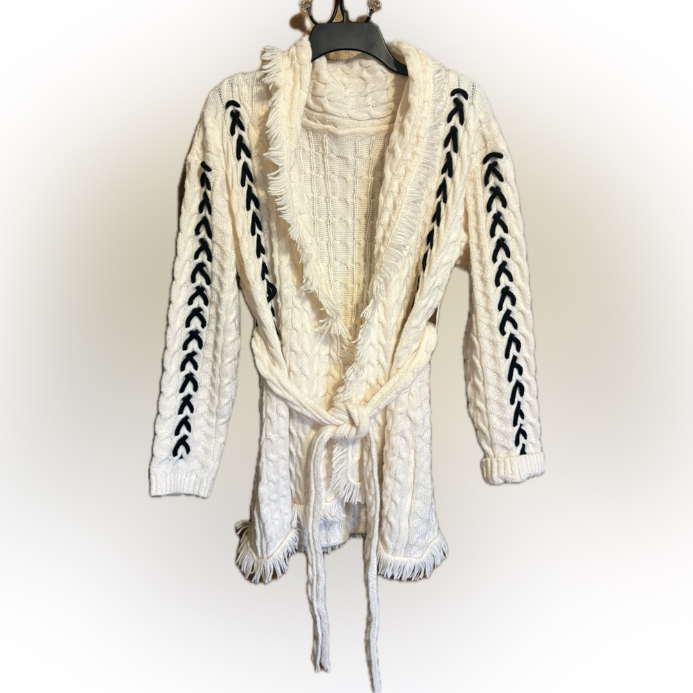 SHEIN White Cable Knit Cardigan with Black Details